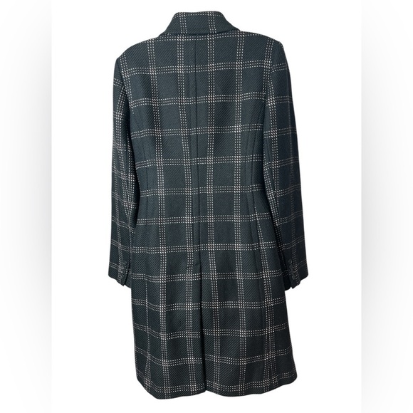 Ann Taylor LOFT Black Long Wool Peacoat White Pink Checkered Stitching Sz 6 - Picture 2 of 10